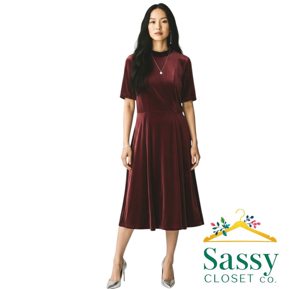Isaac Mizrahi Live Velvet Dress 4 Burgundy Short Sleeve Fit Flare A464344